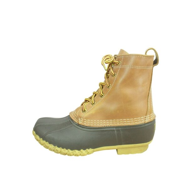 LL Bean Brown Leather 8" Lace Up Round Toe Unlined Ankle Duck Boots Size 7 Wide - Picture 1 of 10